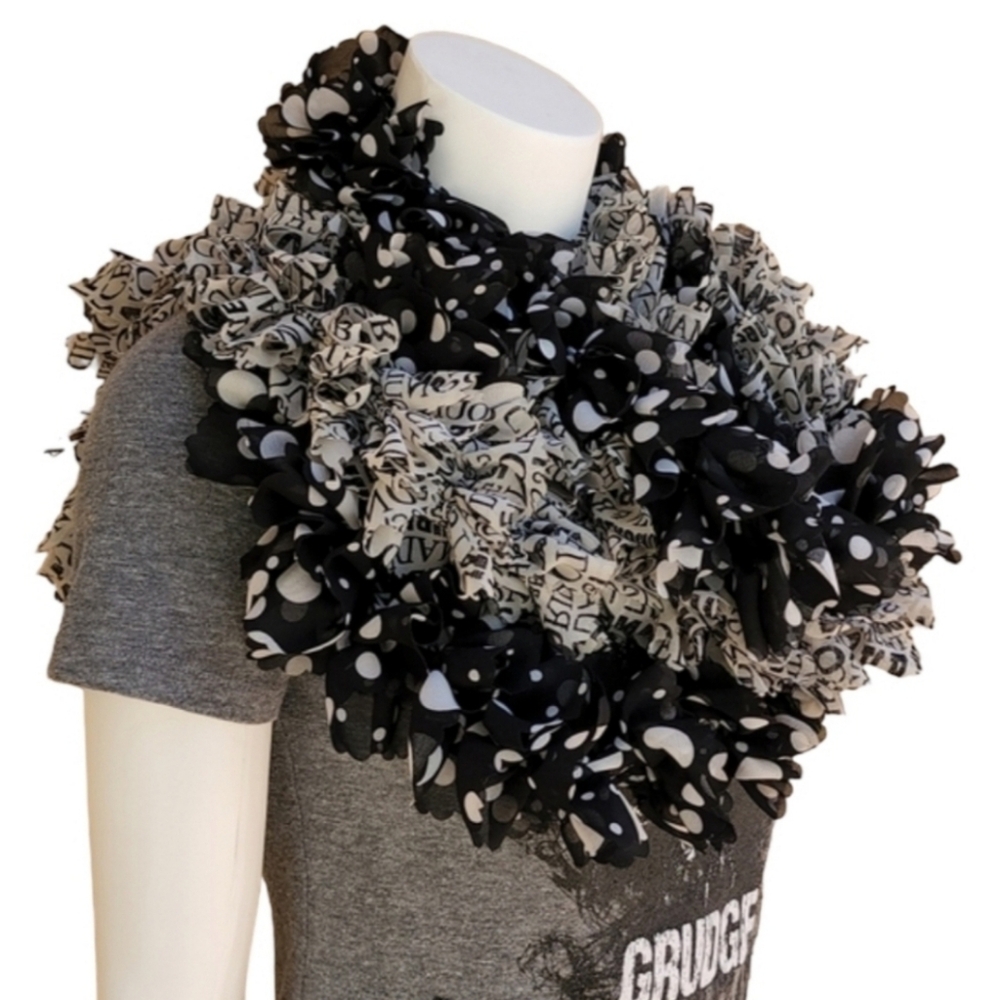Vintage Handmade Chiffon Pom Pom Scarf Two Scarves Shreds Polka Dots US Cities - Picture 2 of 16
